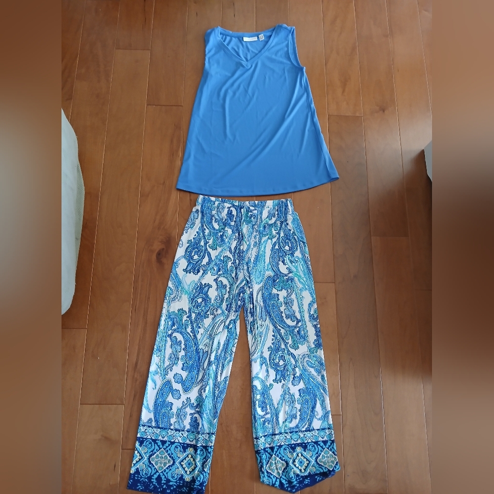 Susan Graver Blue Top with Colorful Patterned Pants Size XXS